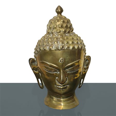 Grande testa di Buddha in ottone dorato