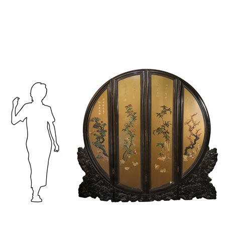 Grande paravento cinese circolare  a 3 ante con decori floreali e iscrizioni