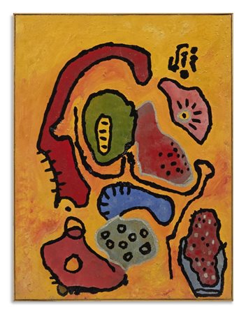 CHAISSAC GASTON (1910 - 1964) - FORMES ÉPARSES ET CERNÉES SUR FOND OCRE (c.1957).