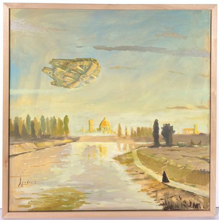 FABRIZIO SPADINI, 50 X 50 cm, ”Nave Sull'Arno" olio su tela Firma in basso a...