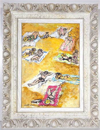 WALTER PIACESI, 50 X 35 cm, ”Tutti al Mare" Olio e tecnica mista su...