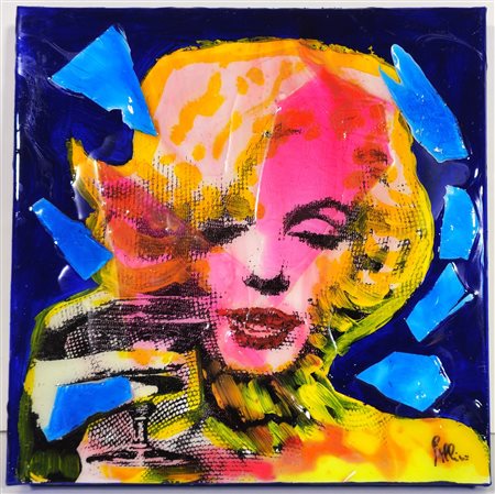 ROLANDO PELLINI, 30 X 30 cm, Omaggio a M. Monroe tecnica mista e resine su...