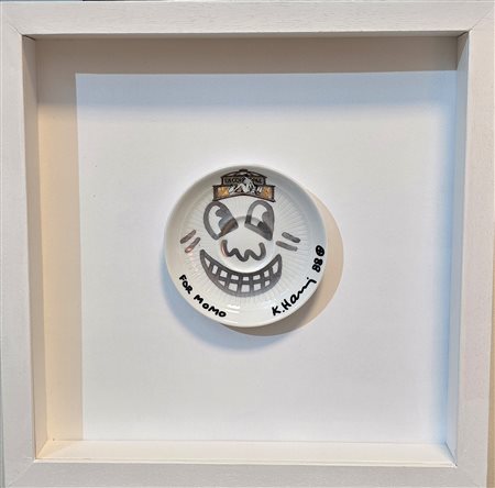 KEITH HARING, Senza titolo 1988, pennarello argento su piatto in ceramica del...