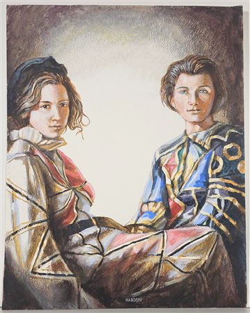 SERGIO NARDONI, 43,5 X 34,5 cm, ”Due Arlecchine" tecnica mista su cartoncino...