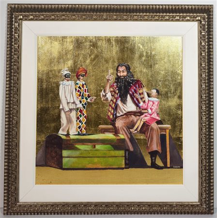 SERGIO NARDONI, 50 X 50 cm, ”Pinocchio e Mangiafuoco" foglia oro e Olio su...