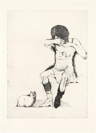 KARL PLATTNER (1919-1986), Bambina con gatto, 1975, acquaforte, es. I/XX, cm...