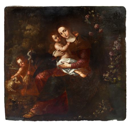 Giovanni Bernardino   Azzolino (Cefalù 1572 - Napoli 1645)  - Grande dipinto su ardesia, Madonna della pesca con Bambino e S.Giovannino, primi 17° secolo