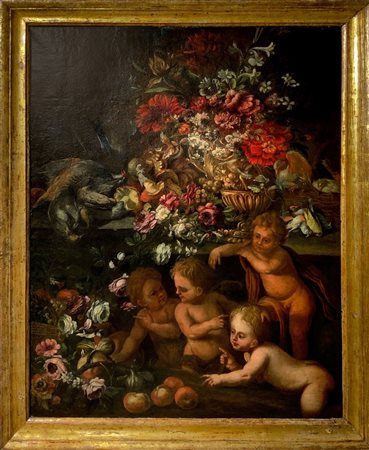 Mario de' Fiori (attribuito_a) (Roma 1603 - Roma 1673)  - Trionfo di fiori con frutta, selvaggina e gioco di putti, 17° secolo