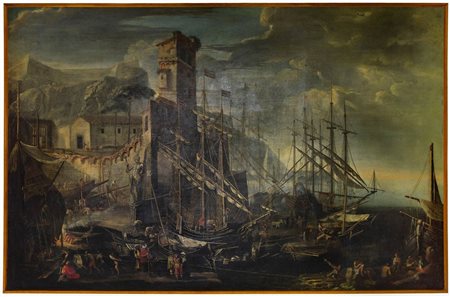 Cornelis  De Wael (Anversa 1592 - Roma 1667)  - Capriccio di un porto fortificato con arsenale e personaggi 