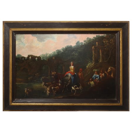Nicolaes Pietersz Berchem (attribuito a) (Haarlem 1620 - Amsterdam 1683)  - Scena pastorale con personaggi ed armenti, 17° secolo