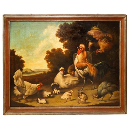 Melchior de Hondecoeter (Utrecht 1636 - Amsterdam 1695)  - Gallo con galline e pulcini, 17° secolo