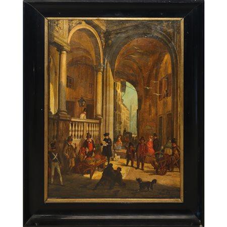 Angelo Inganni (Brescia 1807 - Gussago 1880)  - Veduta della Piazza dei Mercanti o Il passaggio dalla Piazza dei Mercanti alla Pescheria Vecchia