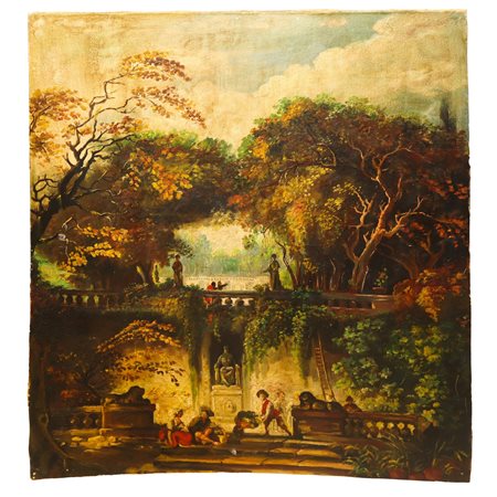 Scena idilliaca in un giardino con personaggi, pannello in legno