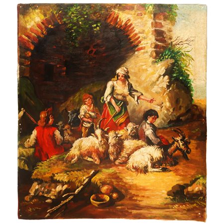 Pastori con armenti, pannello in legno, 20° secolo