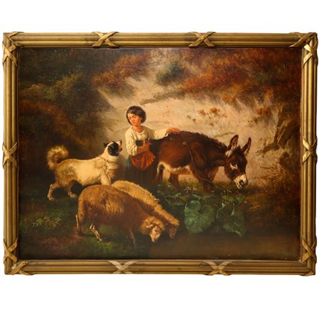 Antonio Milone (Napoli 1834 - 1919)  - Giovane contadina con asino, pecore e cane, 19° secolo