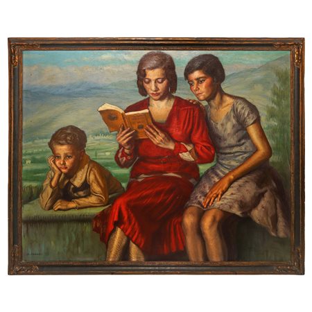 Dante Mario Canasi (Buenos Aires 1889 - 1970?)  - Due giovani donne che leggono con bambino, First half of the 20° secolo.