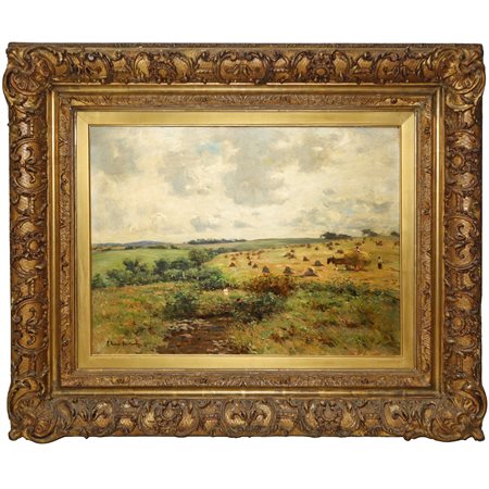 Paesaggio agreste con carro e raccolta del fieno, primi 20° secolo