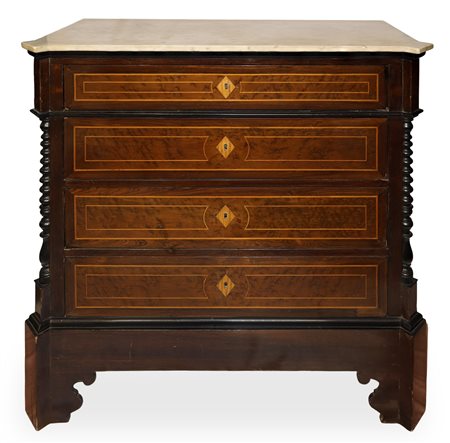 Cassettone 4 cassetti con marmo bianco al piano e colonne torchon ai lati, Sicily, 19° secolo