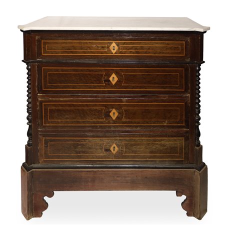 Cassettone 4 cassetti con marmo bianco al piano e colonne torchon ai lati, Sicily, 19° secolo