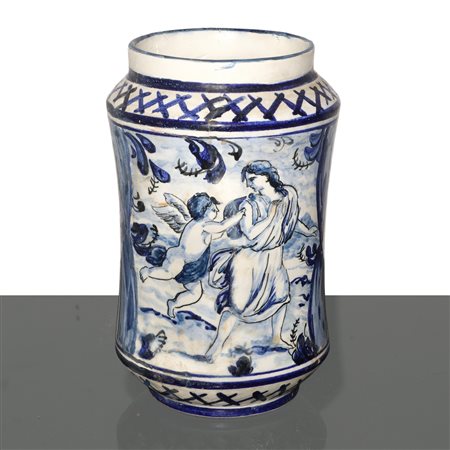 Albarello in maiolica di Savona sul fronte dipinto con scena biblica "Tobia e l'Angelo", 1724