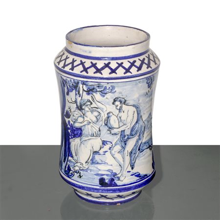 Albarello in maiolica di Savona sul fronte dipinto con scena mitologica , 1724