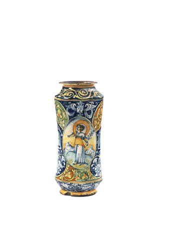 ALBARELLO, FAENZA, 1530-1550 CIRCA in maiolica dipinta in policromia; la...