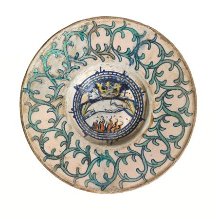PIATTO, DERUTA, 1520 CIRCAin maiolica decorata in policromia, cavetto...