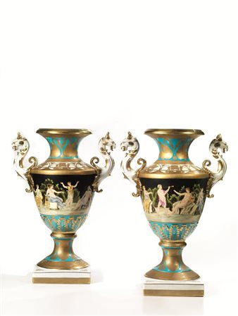 COPPIA DI VASI, MANIFATTURA DI SEVRES, SECOLO XIX in porcellana policroma e...