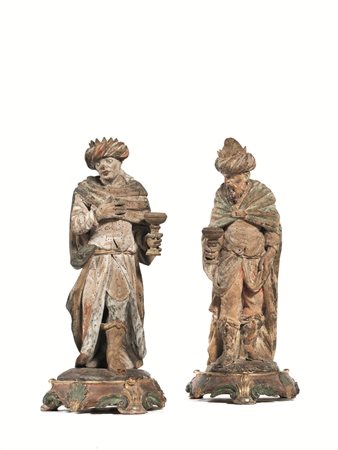 COPPIA DI GRANDI FIGURE, VENEZIA, SECOLO XVIII in legno dipinto raffiguranti...