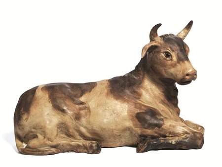 BUE ACCOSCIATO, NAPOLI, SECOLO XIX in terracotta policroma, alt. cm 21,...