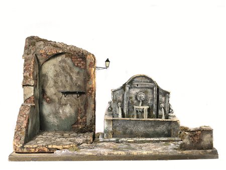 SCENOGRAFIA DA PRESEPE in materiali vari con fontana architettonica, cm...