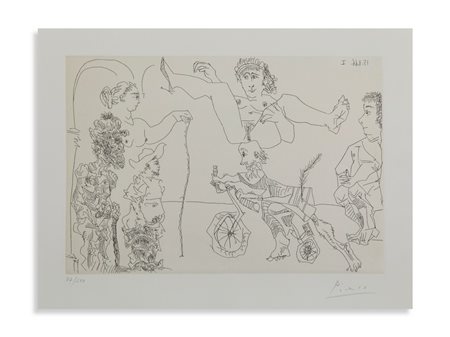 PICASSO PABLO (1881 - 1973) - DA LE COCU MAQUIFIQUE: FEMME EQUILIBRISTE ENLEVEE PAR UN VIEILLARD BARBU A BICYCLETTE DEVANT LE COCU ET DES SPECTATEURS.