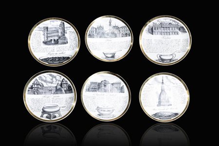 PIERO FORNASETTI<BR>Milano 1913 - 1988<BR>Set di sei piatti mod. Specialità Torinesi
