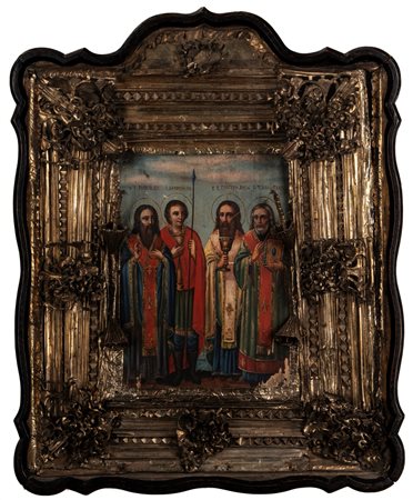 Icona raffigurante San Basilio Magno, Demetrio di Tessalonica, Gregorio Nazianzeno e Nicola Taumaturgo, Russia, XIX secolo.