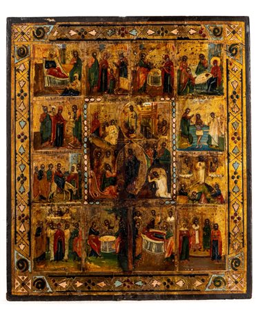 Icona su tavola a fondo oro della Resurrezione con le Dodici Feste (Dodekaorton). Russia, 