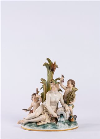 Gruppo in porcellana policroma raffigurante l’Allegoria dell’Acqua. Manifattura di Meissen, secolo XIX.