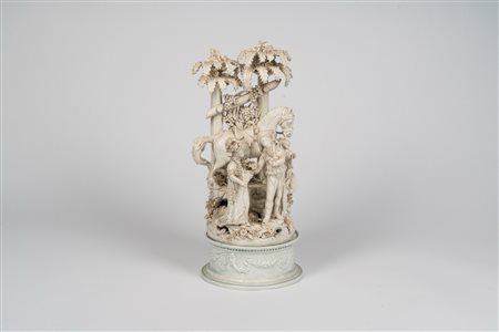 Gruppo in terraglia smaltata bianca raffigurante scena galante in un giardino con cavallo e gioane destriero. Manifattura veneta, secolo XVIII-XIX