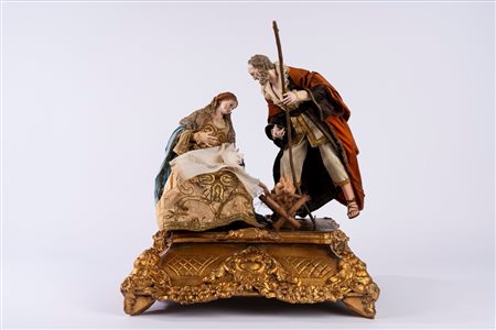 Gruppo scultoreo da presepe entro teca