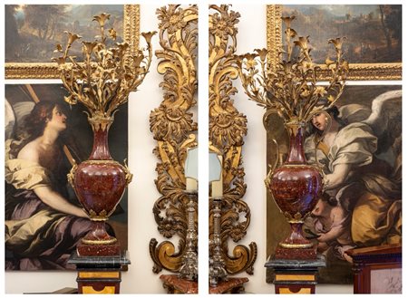 Coppia di grandi candelabri a dieci luci in marmo griotte rouge montato in bronzo dorato. Francia, ultimo quarto secolo XIХ