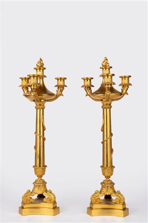 Coppia candelabri in bronzo dorato. Francia, fine secolo XIX