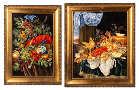 Due placche in lavagna con composizioni di aragoste e frutta 