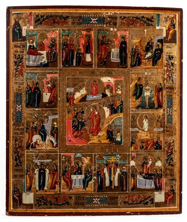 Icona su tavola della Resurrezione con le Dodici Feste. Russia, 