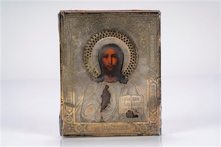 Icona su tavola con riza in argento raffigurante Cristo Pantocratore. Mosca, 1884