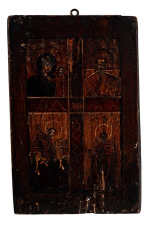 Icona su tavola con quattro santi. Russia