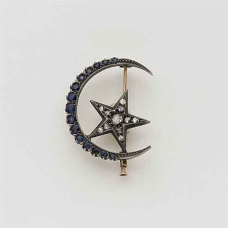 Spilla con luna e stella in oro e argento con diamanti taglio mezza rosetta e...