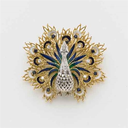 Spilla a forma di pavone in oro bianco e giallo con diamanti rotondi, zaffiri...