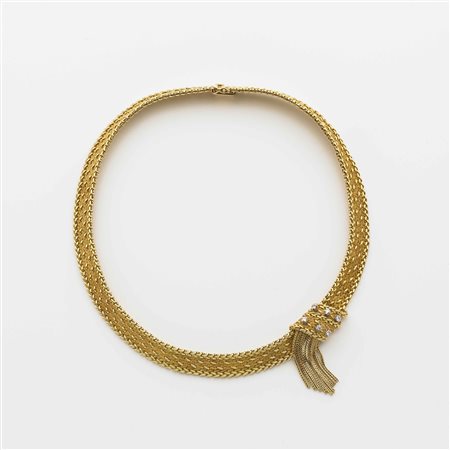 Collier in oro giallo a motivo con frangia laterale e diamanti rotondi g....