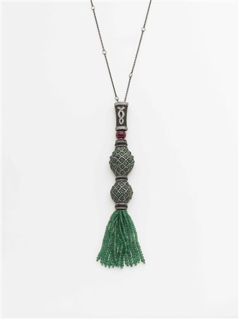 Sautoir in argento e argento dorato con pendente in diamanti smeraldi come la...