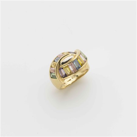 PREMIER Anello in oro giallo con pietre colorate a baguette, g.12, misura...