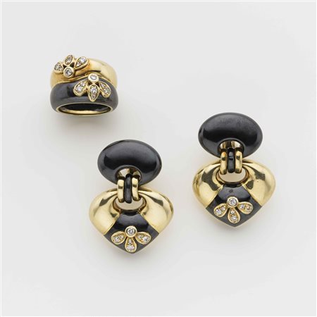 FARAONE Demi parure in oro giallo con smalti neri e diamanti composta da...
